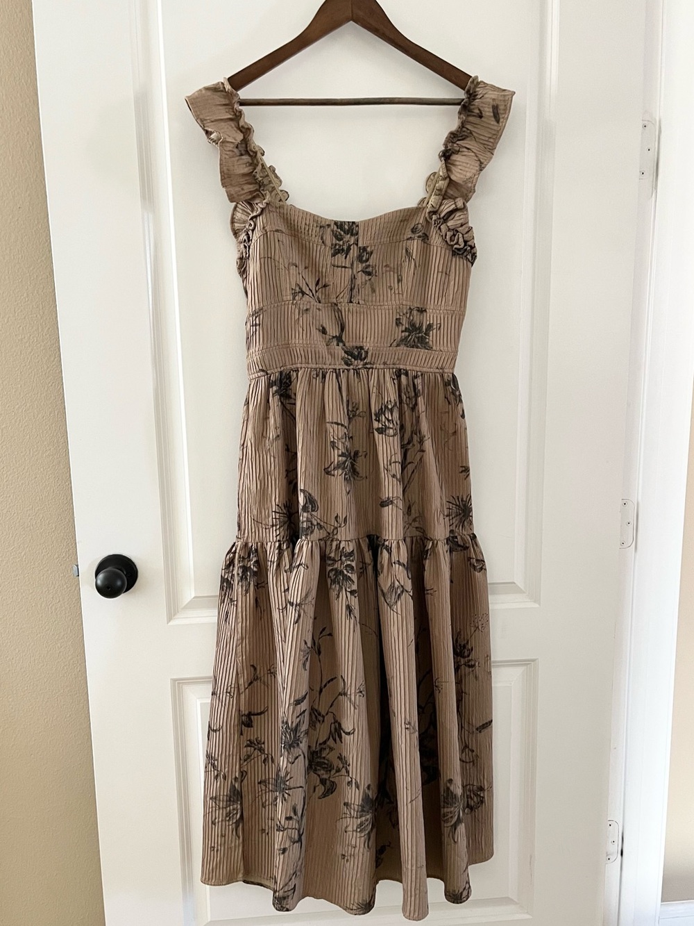 Moon River Taupe Floral Tiered Midi Dress with Ruffle Straps